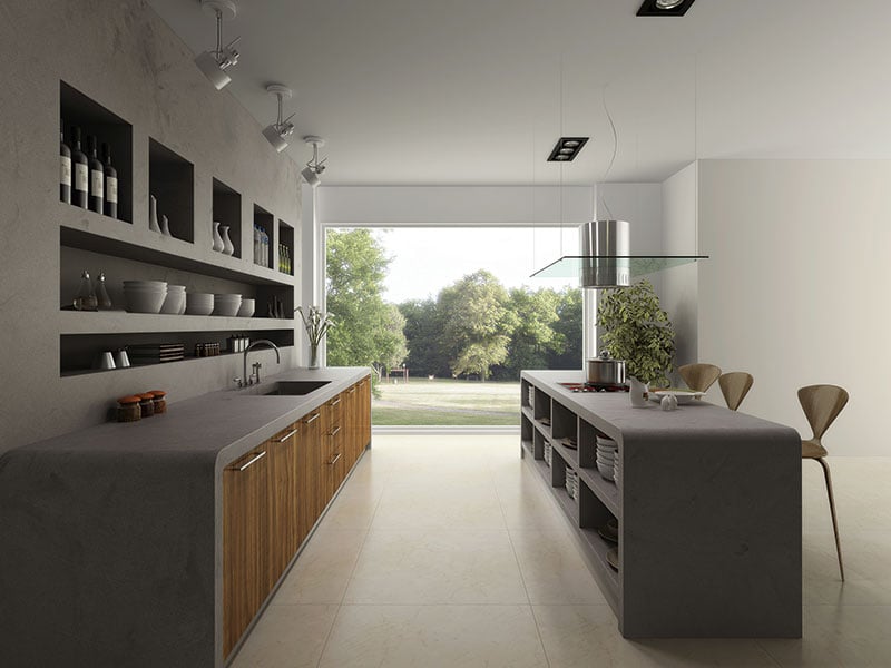 Đảo bếp bằng đá nhân tạo HI-MACS có thể thiết kế với cùng tông màu nền của không gian nấu nướng