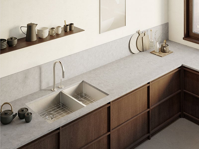 Sử dụng đá nhân tạo HI-MACS LG Hausys mã M607 với gam màu trung tính mang tới không gian tối giản và gọn gàng nhất