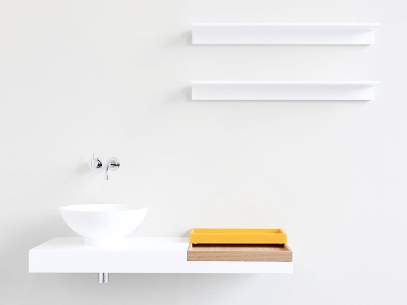 Đơn giản nhưng không kém phần hiện đại với bàn liền lavabo sử dụng đá solid surface LG Hausys mã S028 và S026